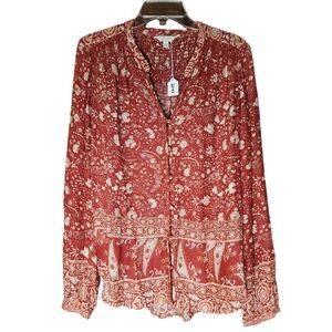 Lucky Brand blouse smocked yokes long sleeves mandarin collar covered buttons Lg